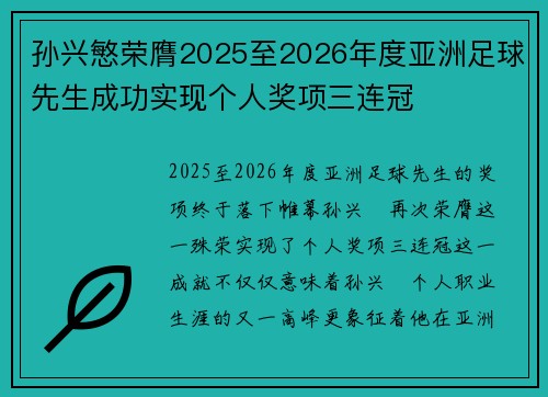 孙兴慜荣膺2025至2026年度亚洲足球先生成功实现个人奖项三连冠 孙兴慜荣膺2025至2026年度亚洲足球先生成功实现个人奖项三连冠