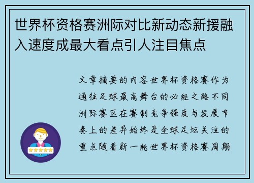 世界杯资格赛洲际对比新动态新援融入速度成最大看点引人注目焦点